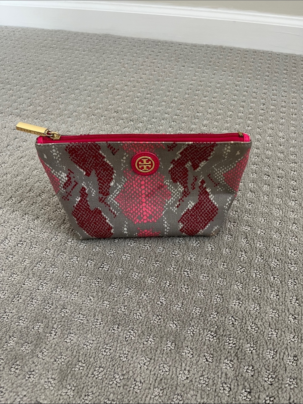 Tory Burch Gray and Hot Pink Snake-Print Cosmetic Pouch with Gold Logo
